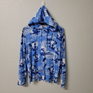 Polo Ralph Lauren Drawstring Hooded Pullover Blue AOP Hawaiian Pattern Men's M